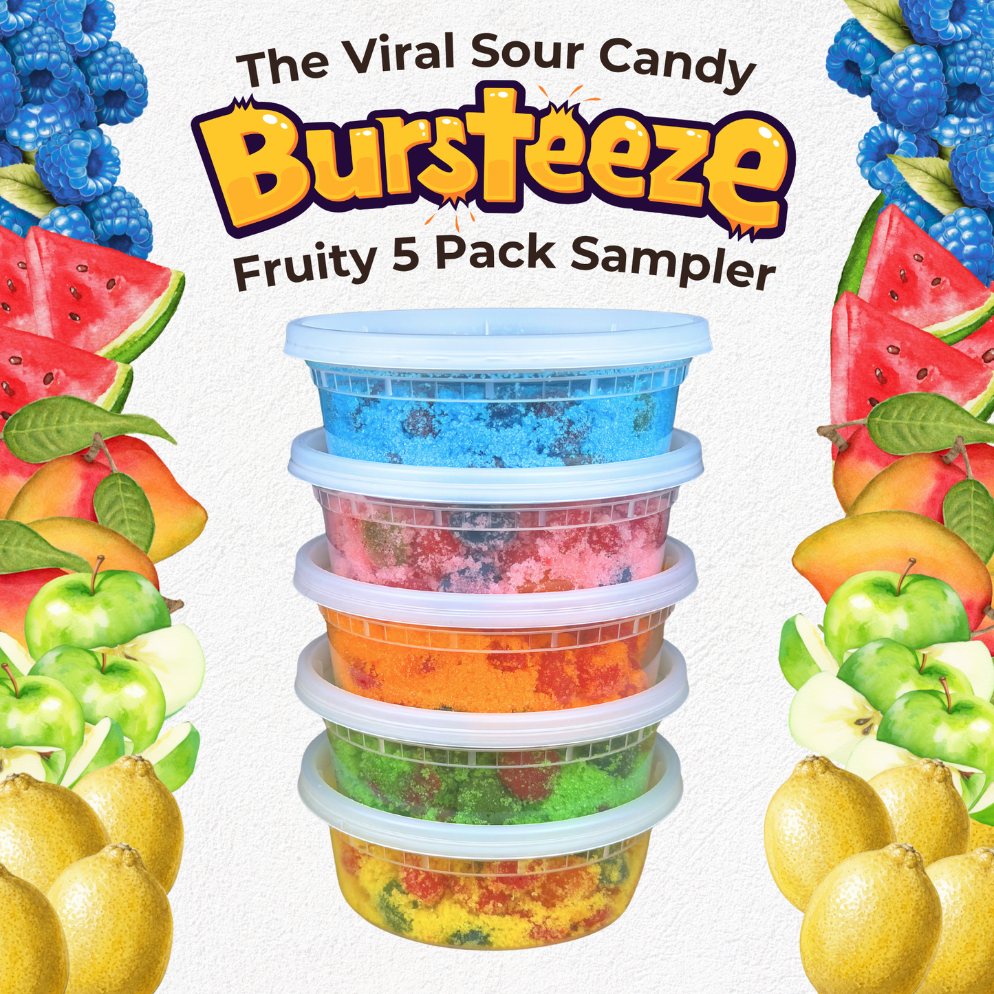 Candeeze Bursteeze Fruity Sampler Pack (5 Tubs) - TikTok Trending Candy - Blue Raz Mango Watermelon Green Apple Lemon Flavors - Sour Candy